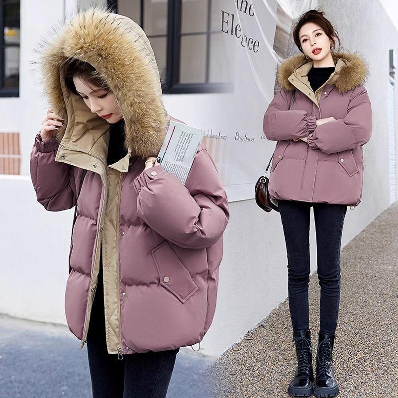 Down Cotton Jacket For Women Short Thicken Winter Big Fur Collar Loose Cotton Coat Women's Warm Hooded Jackets Parker