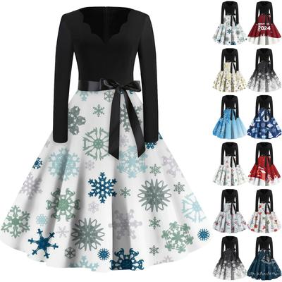 Women's Fashion Vintage Long Sleeve V-Neck Christmas Printed Evening Party Dresses Dresses