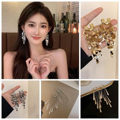 Boucles d'oreilles Métal Paillettes Bling Bling Alliage de Zinc Boucles d'oreilles Dorées Boucles d'oreilles Longues pendantes à Franges Délicates Cadeau