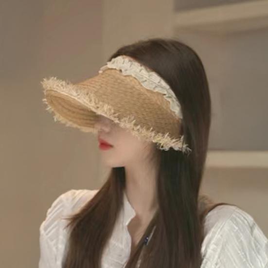 Summer Beach Hat Wide Brim Sun Protection Foldable Portable Straw Hat Tassel Lace Decoration Hollow Weave Hat