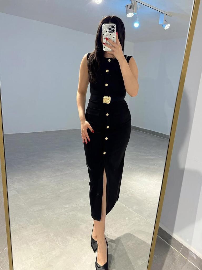 Women's European and American Style Sleeveless Midi Dress with Belt - Sexy Crew Neck for Spring