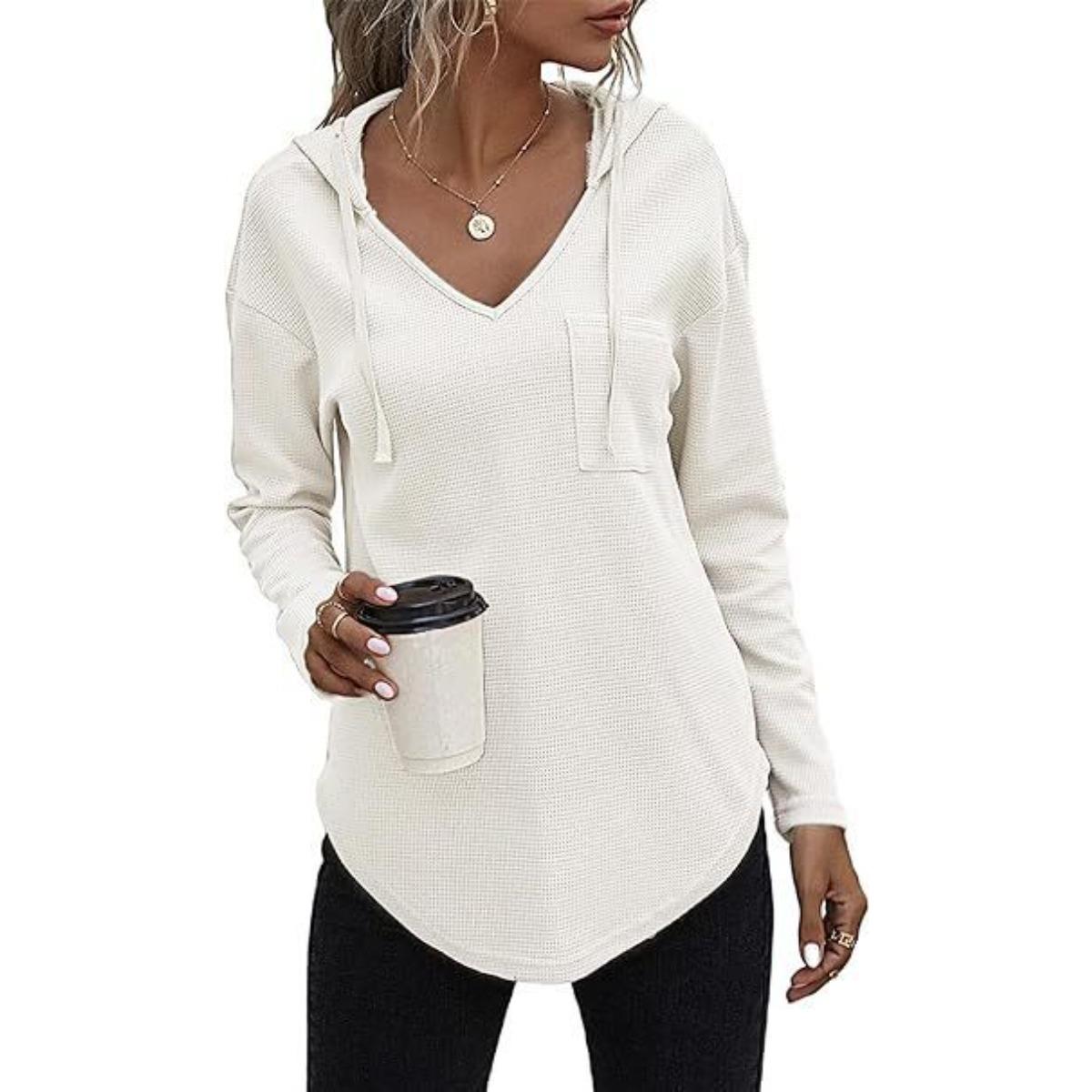 

V-neck Pocket Hooded Sweater, Casual Long-sleeved Pull-string Pullover, Women s Wear, Comfortable To Wear, Fashion Trend S білий