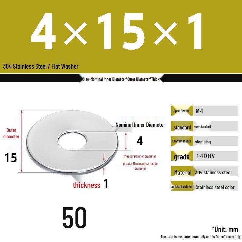 304 Stainless Steel Thickened Flat Washer Set, Sizes 2-36