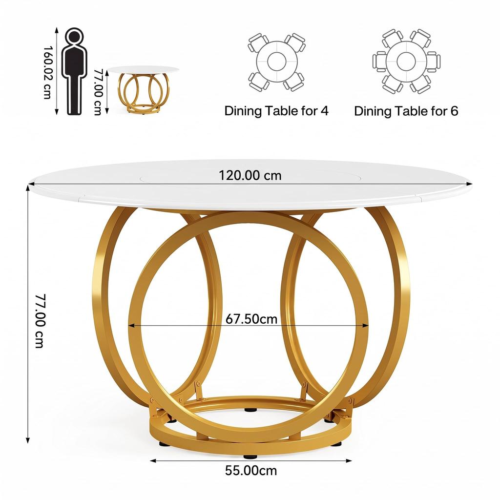 Round Dining Table, Modern 120 Cm Kitchen Table for 4-6 People, Coffee Table, Side Table with 2 Levels and Metal Frame