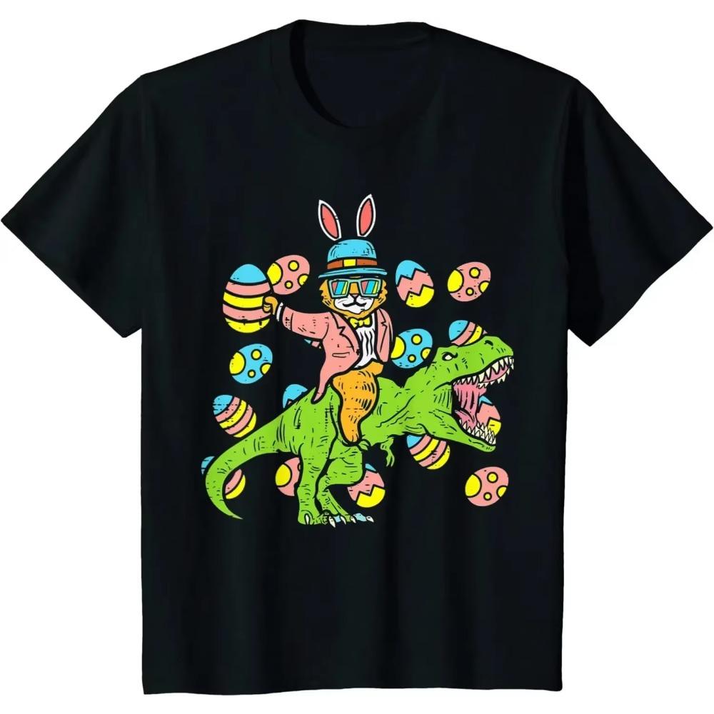 Cat Easter Bunny Riding Dino Egg Hunt Dinosaur Boys Young Kids T-Shirt Men Clothing Vintage T Shirt Four Seasons Tees