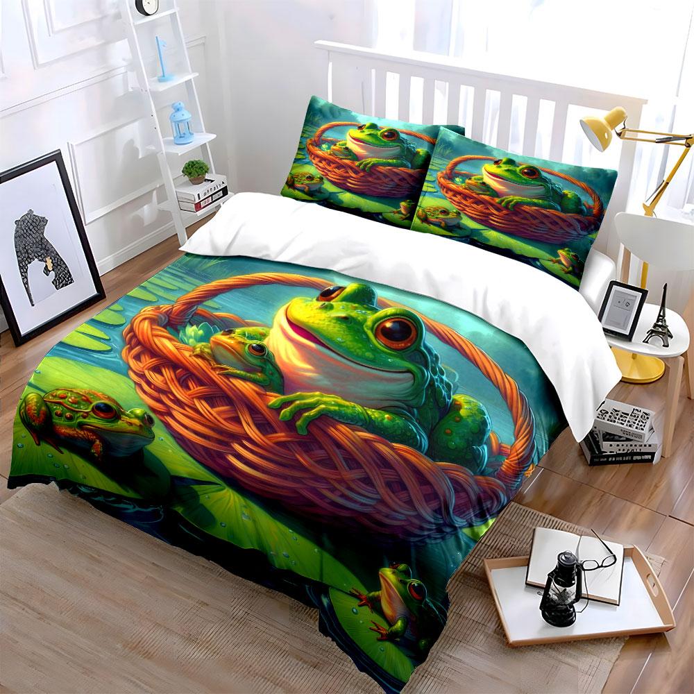 Whimsical Frogs' Basket Bliss Bedding Sets Duvet Covers Pillowcases(1* Duvet Cover 2* Pillowcases Without Duvet Insert)