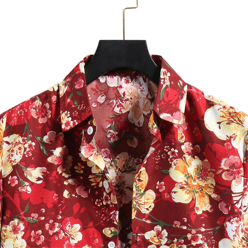 Men's Cardigan Short Sleeve Hawaiian Beach Flower Shirt Men's Turtleneck Shirt