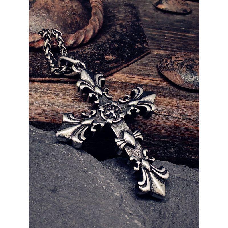 Retro Gothic Cross Necklace Men's Fashion Punk Titanium Steel Stylish Fashion Double-Sided Hip Hop Pendant Men's Sweater Chain