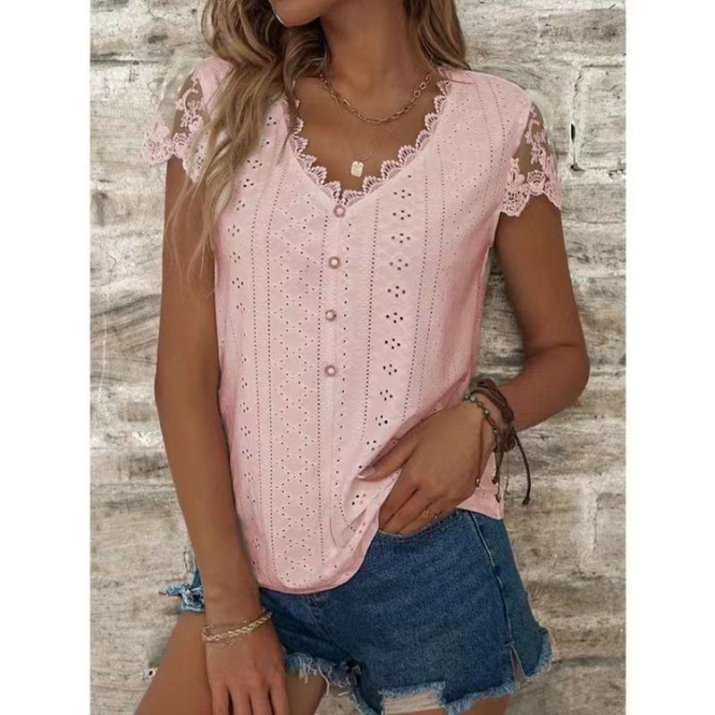 Summer Fashion Solid Color Lace V-neck Short Sleeved T-shirt Top T-Shirts Women’s
