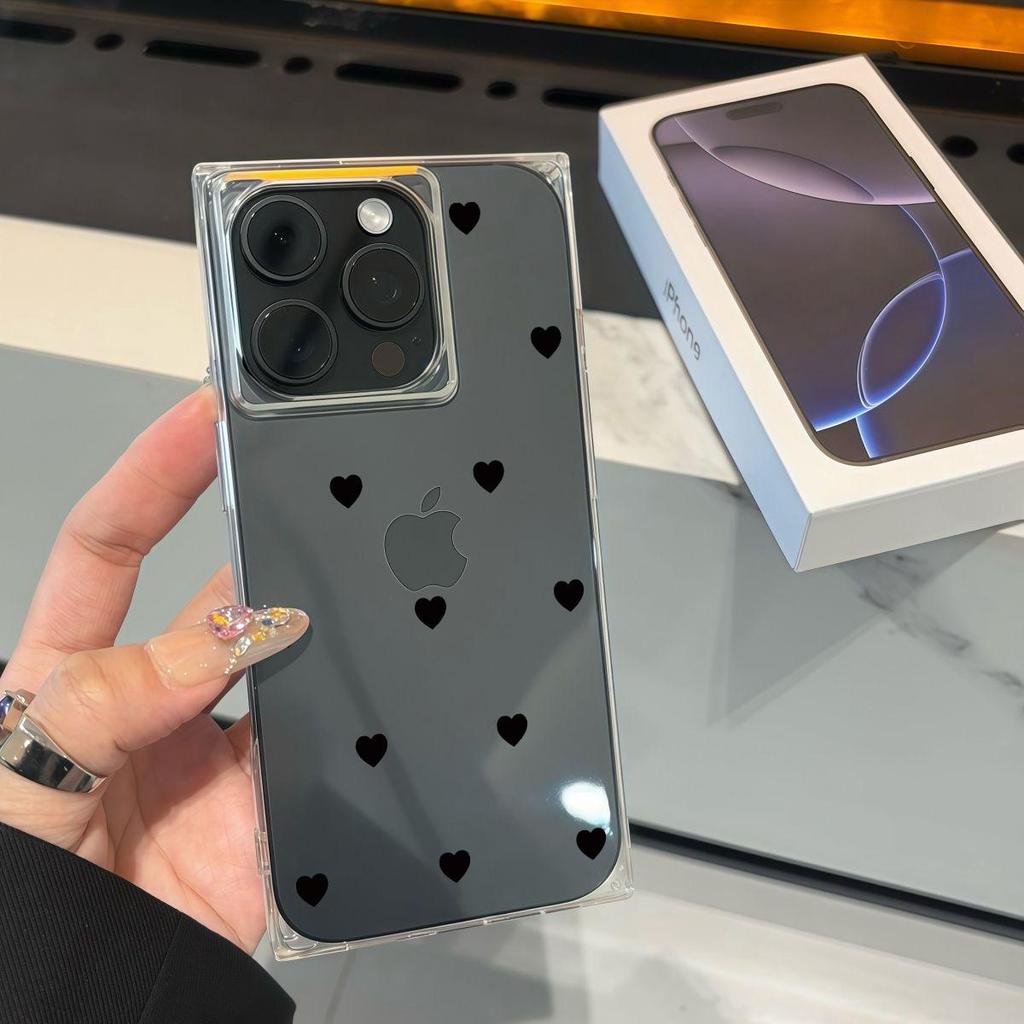 Square Back Tube Protection Clear Case For iPhone 15 Plus 16 ProMax 11 12 14 Pro Max 13 Anti-Oxygen,Black Love Pattern Casing