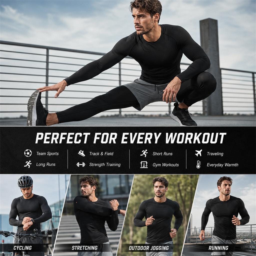 Men's Compression Long Sleeve Shirt Athletic Training Top Quick Dry Breathable High Stretch Base Layer for Running Basketball