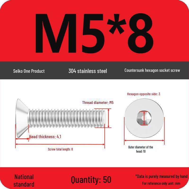 M2-M10 Stainless Steel Flat Head Machine Screws and Bolts Set, Countersunk Hex Socket Cap, 304 Grade.