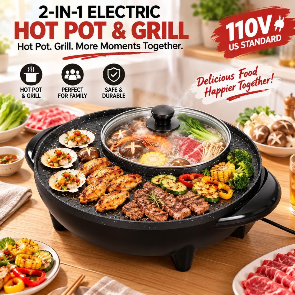 Antihaftbeschichtung 2-in-1 Hot Pot Gusseisen Shabu Shabu Topf Elektrischer Hot Pot Grill Indoor