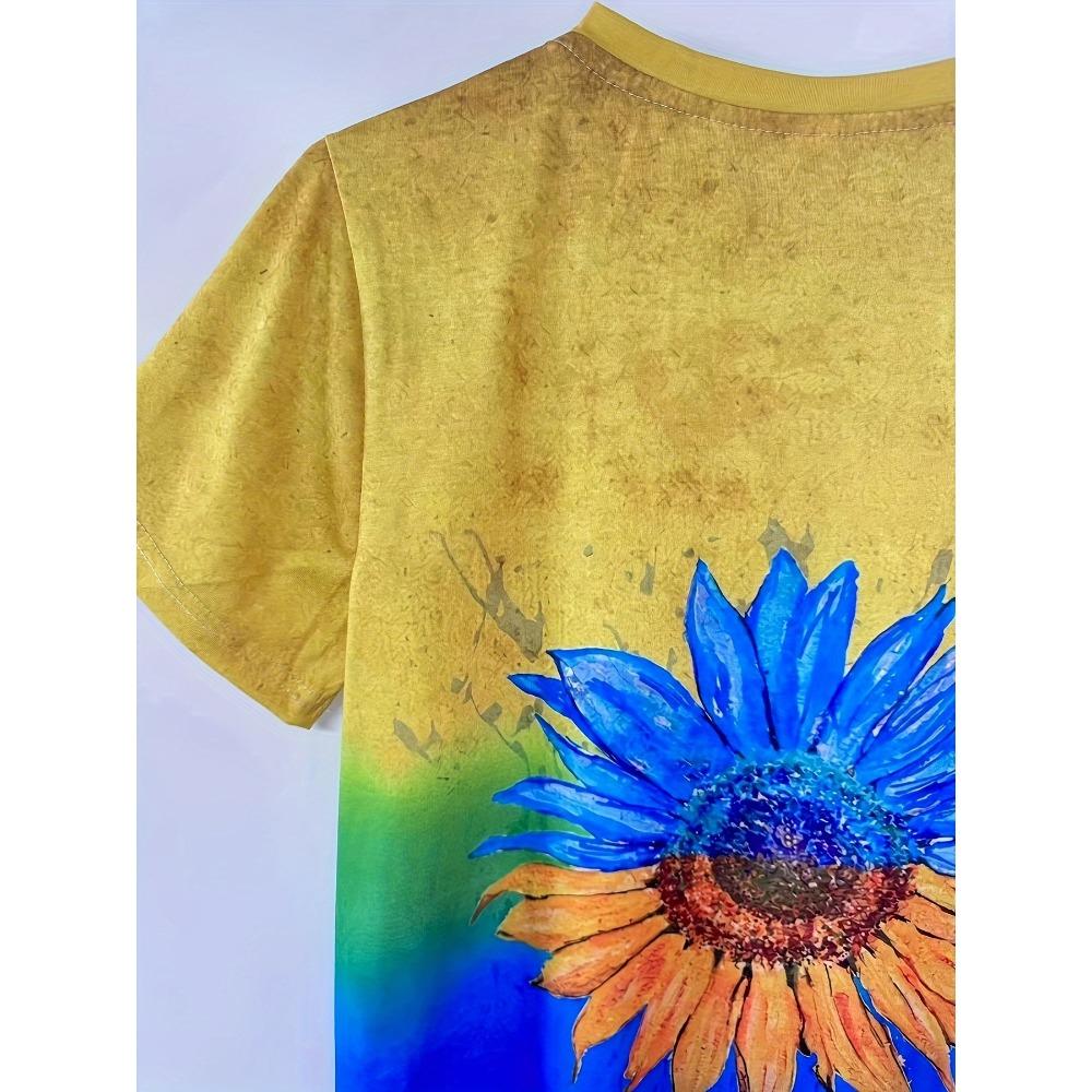 Gradient Color Block Sunflower 3D Printed Women's Short-sleeved T-shirt Summer Comfortable Casual Bottoming Top