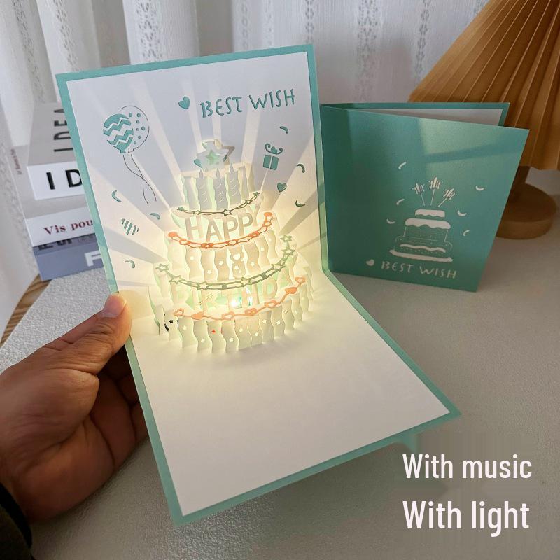 Handmade 3D Blue Birthday Card with Music and Cake Design – Elegant Gift for Friends