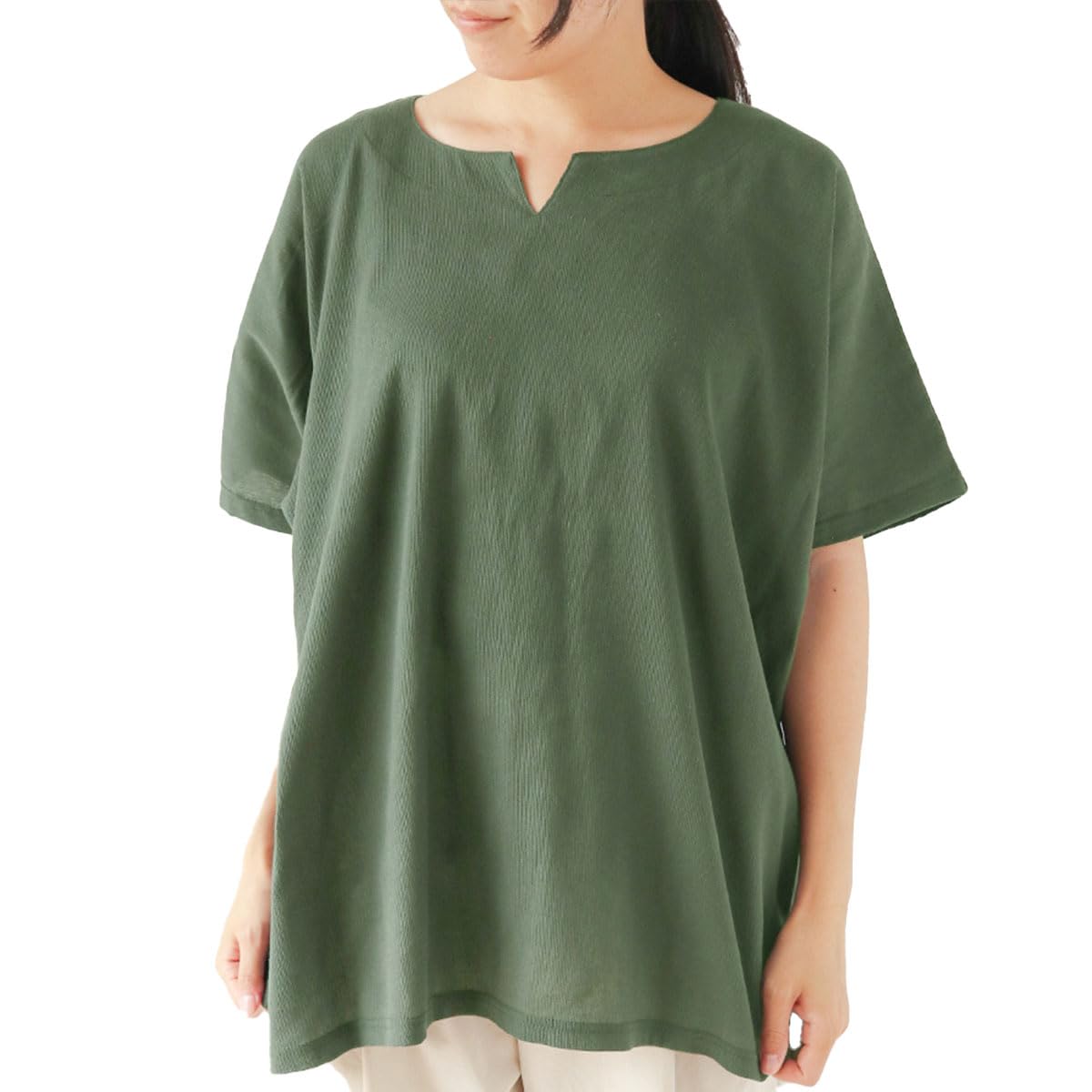 

Suzumen Takashima Chijimi Short Solid Green Overblouse, Sleeve, 100% Cotton, BC7332, Women s,