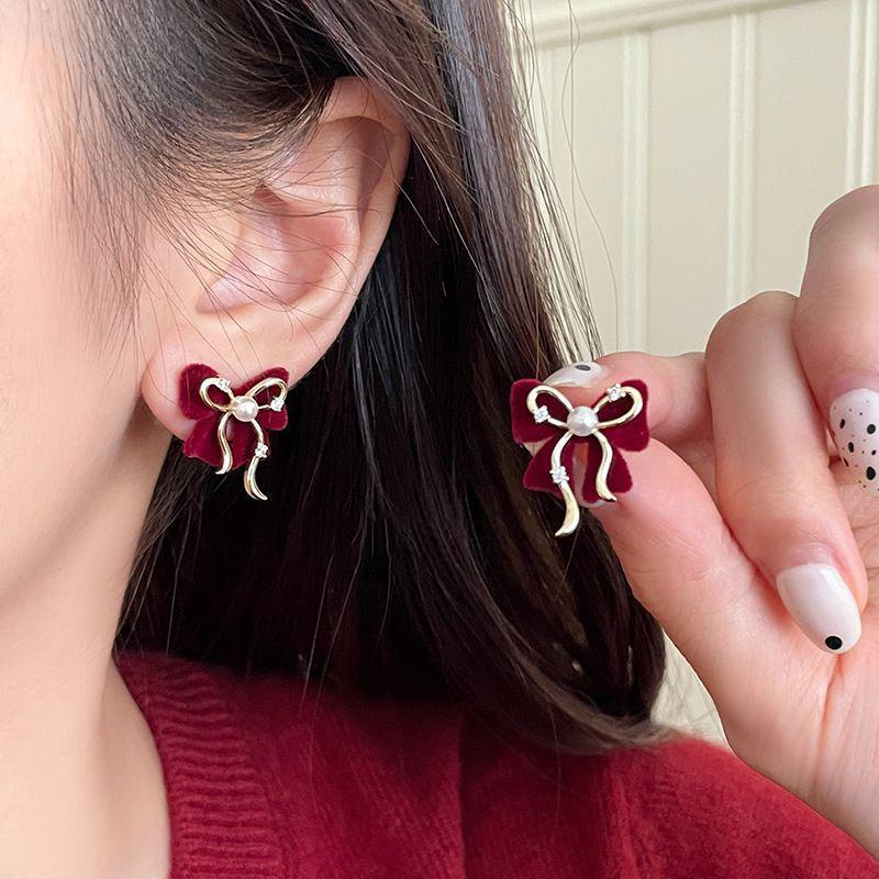 14K Gold-Plated Diamond Bow Heart Flower Earrings In Ankara Red