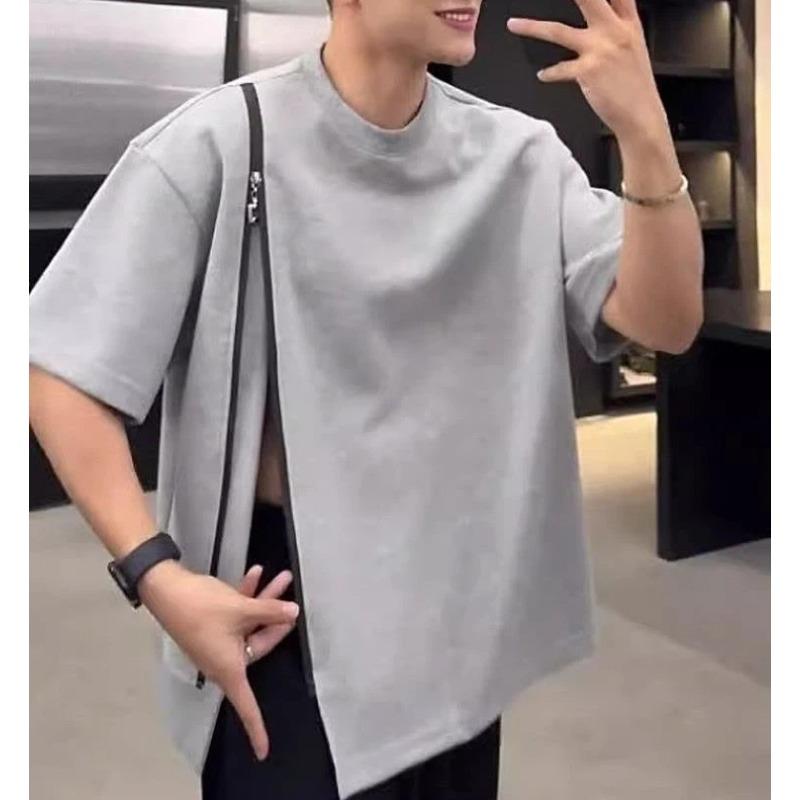 Men's Casual White Crew Neck Side Zipper Loose Fit Short Sleeve