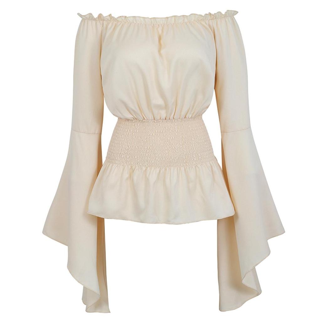 Women Off Shoulder Long Sleeve Shirt Renaissance Vintage Blouse White Boho Steampunk Pirate Medieval Cosplay Costume Corset Top