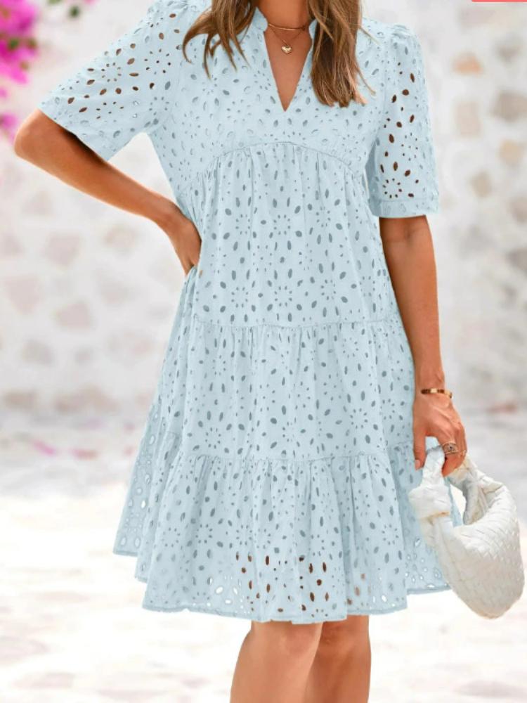 V-neck Short Sleeved Hollow Lace A-line Skirt Sweet Dress