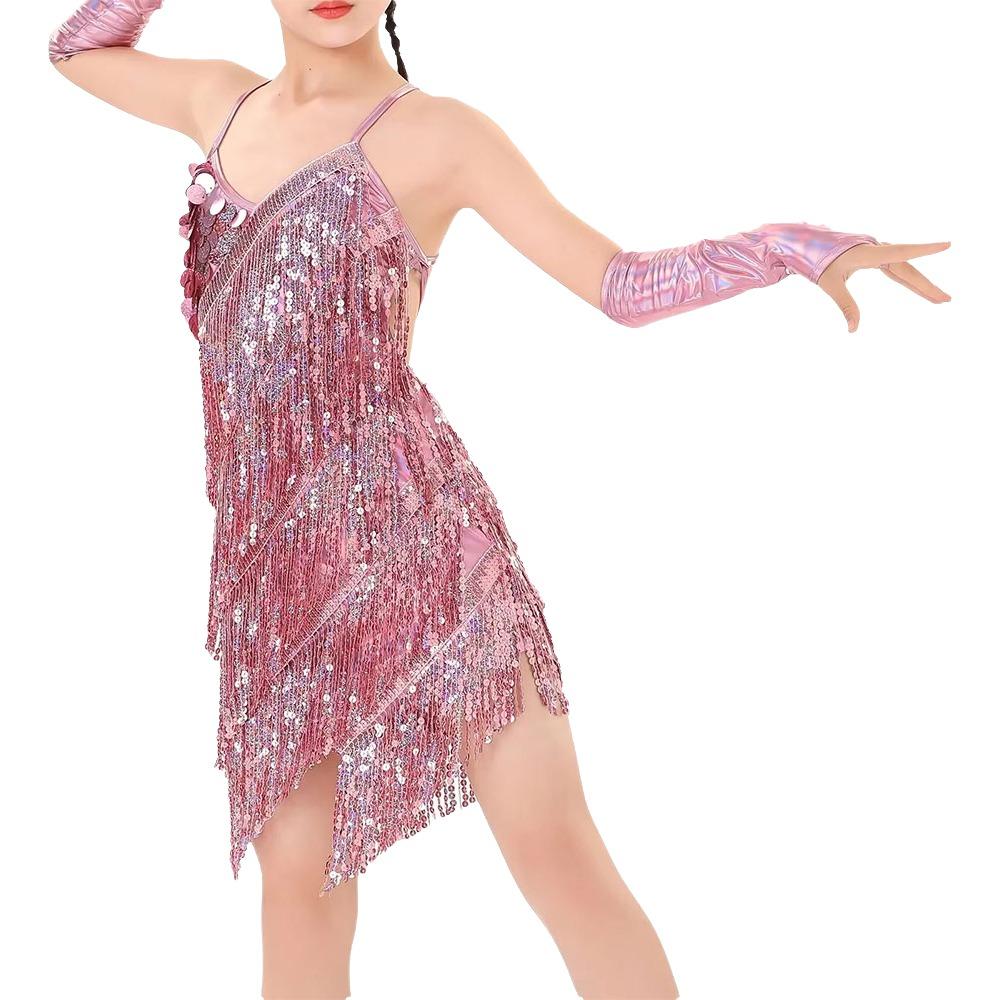 With Gloves Kids Latin Dance Dress Tassel Dance Performance Outfits  Children Girls