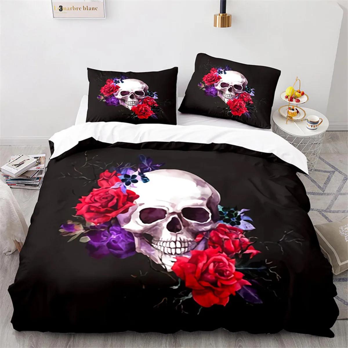 

Sugar Skull Rose Duvet Cover Gothic Spooky Skeleton Skull Duvet Cover Horror Theme Floral For Teen Adult For Bedroom Decoration EU Single(135*200cm)3pcs