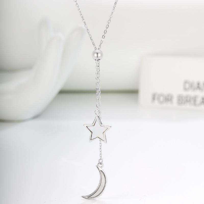 S925 Sterling Silver Moon and Stars Tassel Necklace - High-end, Trendy, Electroplated Design