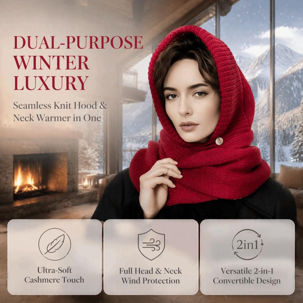 Solid Color Knitted Hooded Scarf Beanie Cross Hooded Cap Cute Hat and Scarf 2-in-1 Outdoor