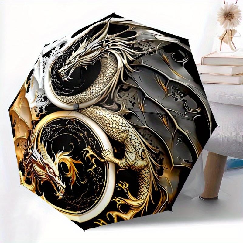 1pc Dragon Yin Yang Symbol Automatic Folding Umbrella - 8-Rib Iron Frame, Windproof, Portable Sunshade with Plastic Handle for Travel & Outd