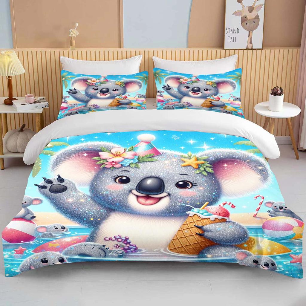 10 Size Cartoon Koala Print 3PCS 1Quilt Cover 2Pillow Cases Bedding Set Duvet Set Comforter Bed Set Queen King Size Home Textile