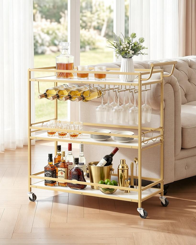 Bar Cart, 3 Tiers Home Kitchen Serving Carts, Modern Rolling Utility Station on Wheels, Mobile Drink Beverage Trolley with Wooden Shelf, Wine Rack,