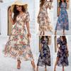 Damen V-Ausschnitt Kurzarm Blumenprint Maxikleid Hohe Taille A-Linie Elegantes Freizeitkleid
