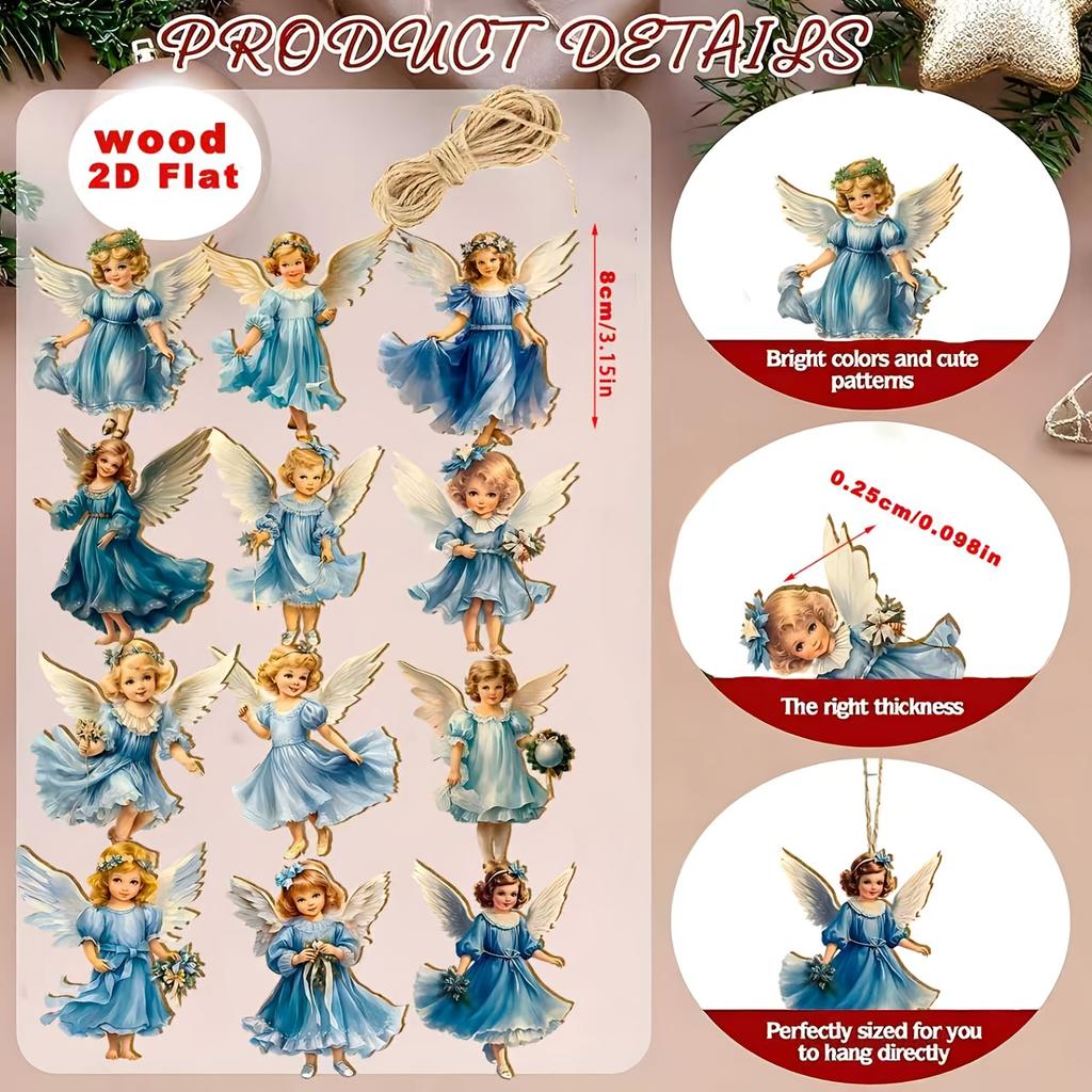 12Pcs Christmas Vintage Wooden Blue Angel Pendant Merry Christmas New Year Pendant Gift Christmas Tree Decor Supplies Best Gifts