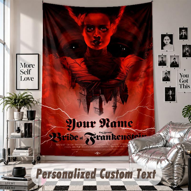 Custom Tapestry Wall Hanging, Bride of Frankenstein Personalized Name Text Home Wall Decor