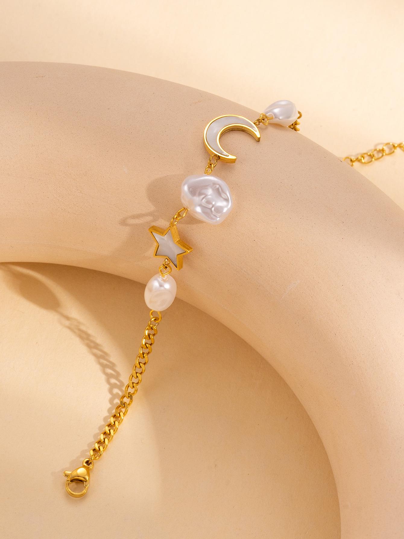 

Элегантный браслет из жемчуга и титановой стали с нерегулярным дизайном звезды и луны - Шикарное, универсальное украшение для рук для женщин