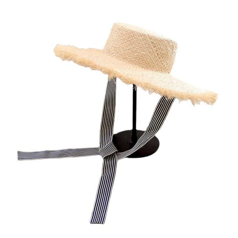New Summer Women's Sunscreen Sunshade Raffia Edging Tie with Hat Outdoor Beach Travel Strap Flat Top Straw Hat