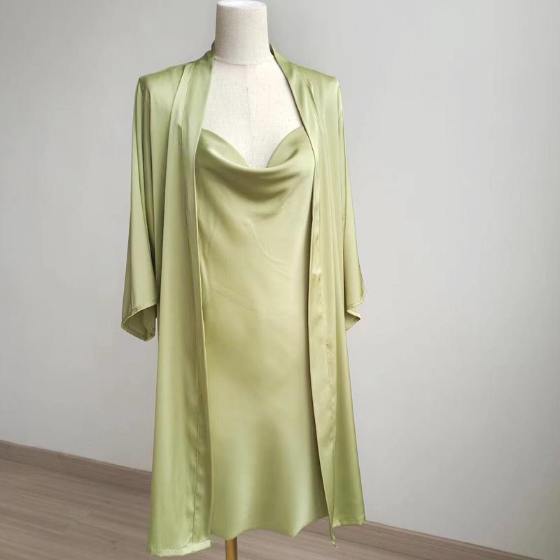 Ice Silk Long Sleeve Robe & Low-Cut Camisole Set - Spring/Summer Women's High-End Pajamas