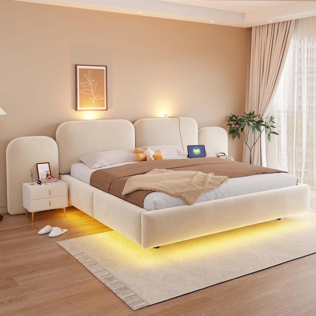 Cama Tapizada 180*200cm, Con Almacenamiento Hidráulico, Tira de Luces LED, con Puerto de Carga, Cabecero Cómodo, Somier de Láminas, Tejido de Terciopelo Beige