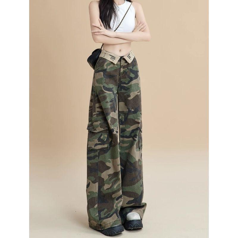 

Girls High-Waisted Camouflage Workwear Jeans – Slimming, Loose, Versatile, Cuffed Summer Pants with Floor-Length Straight-Leg Design L