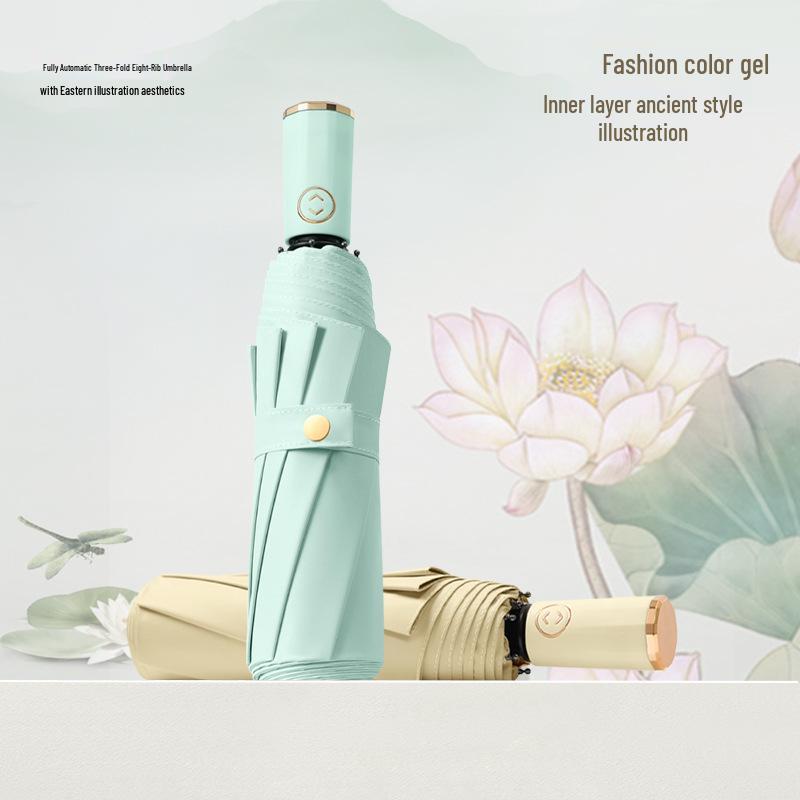 Dreilagiger floraler Automatikschirm mit UV-Schutz, doppelt verwendbar für Sonne und Regen, Digitaldruck mit passendem Griff - Auf Lager