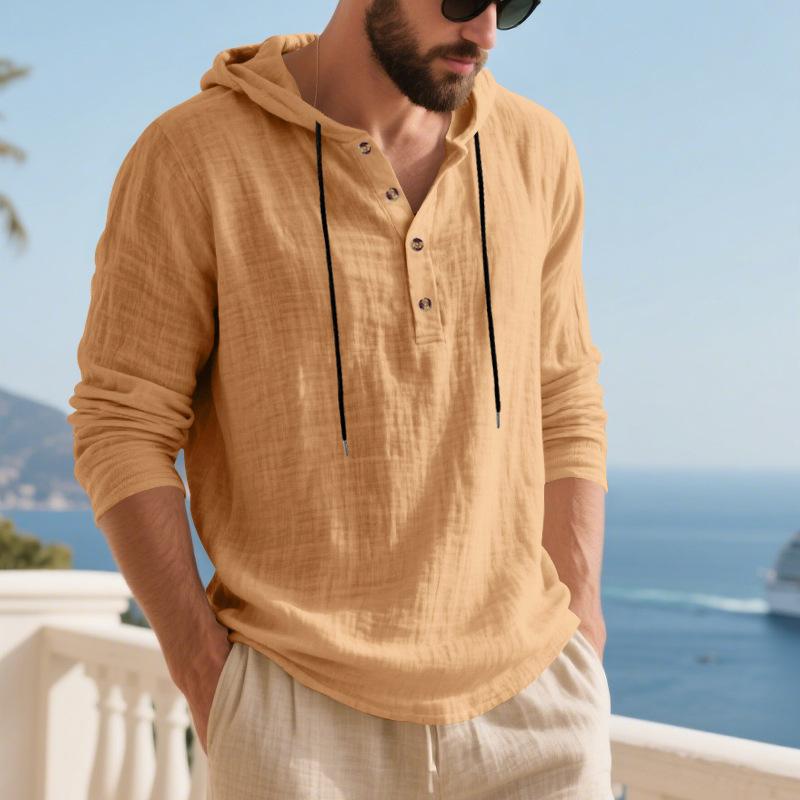 Mens Loose Casual Hooded Long Sleeve Breathable Solid Linen T Shirt