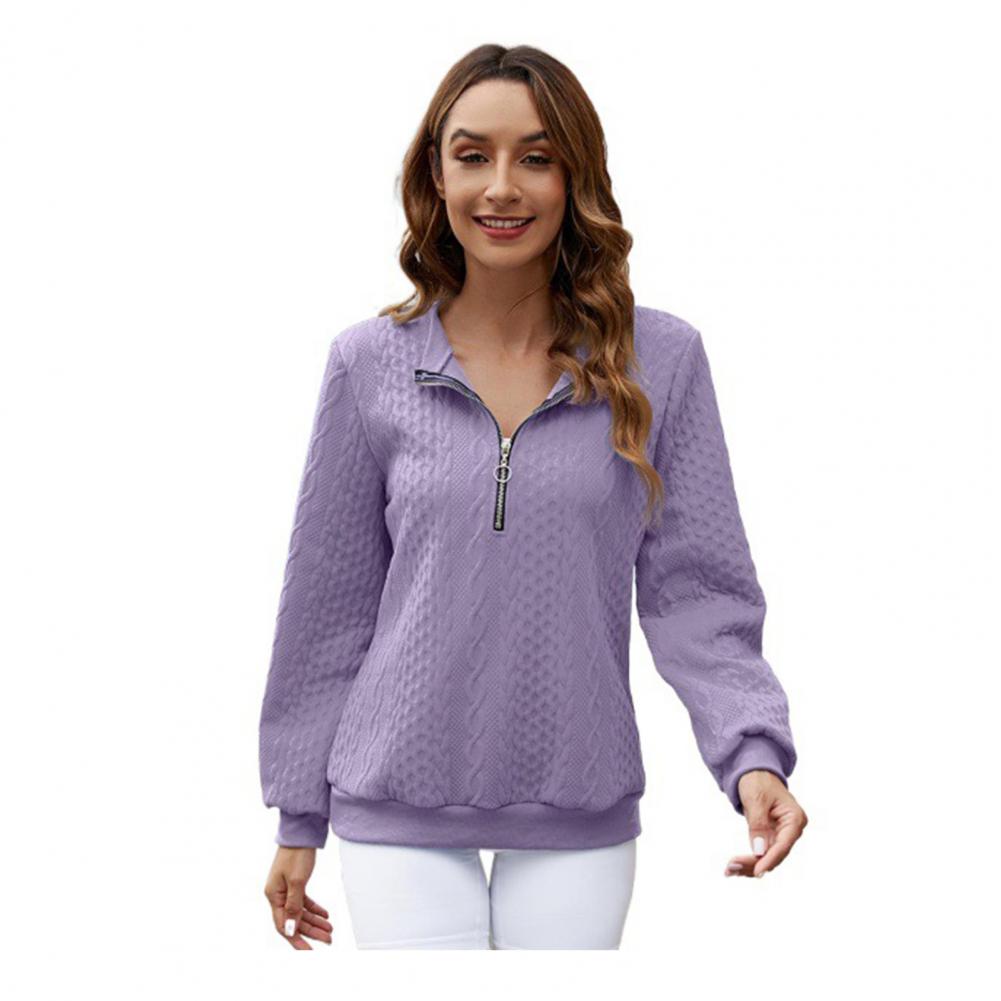 Fall Winter Women Sweatshirt Zipper Turn-down Collar Solid Color Long Sleeve Loose Twisted Texture Thick Warm Pullover Casual La