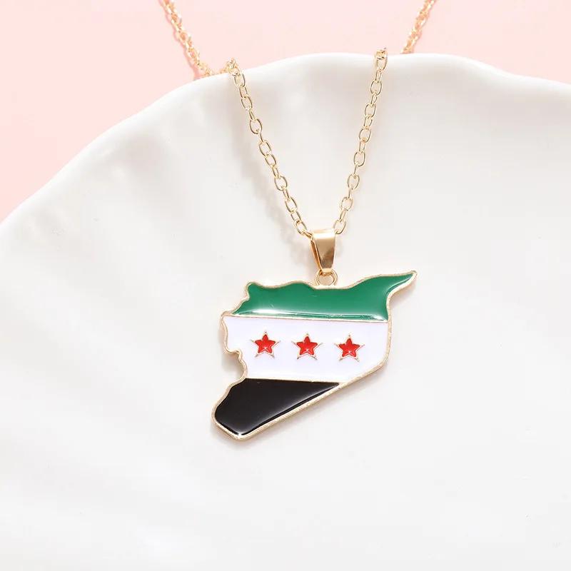 Fashionable Syrian map flag necklace, retro alloy oil-drip sweater chain pendant, hip-hop jewelry gift for women and men