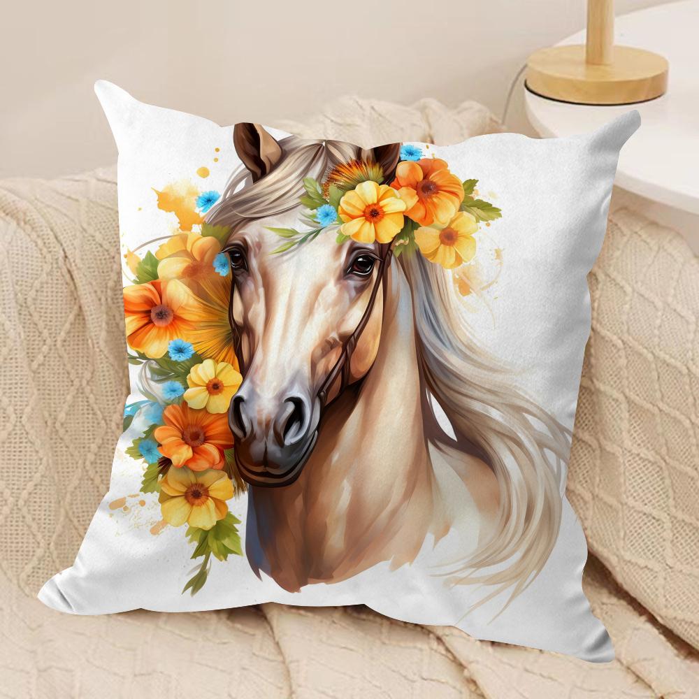 Watercolor Horse  Floral Cushion Cover Soft Plush Fabric DoubleSided Printed Cushion Covers for All Seasons Modern Home Decor