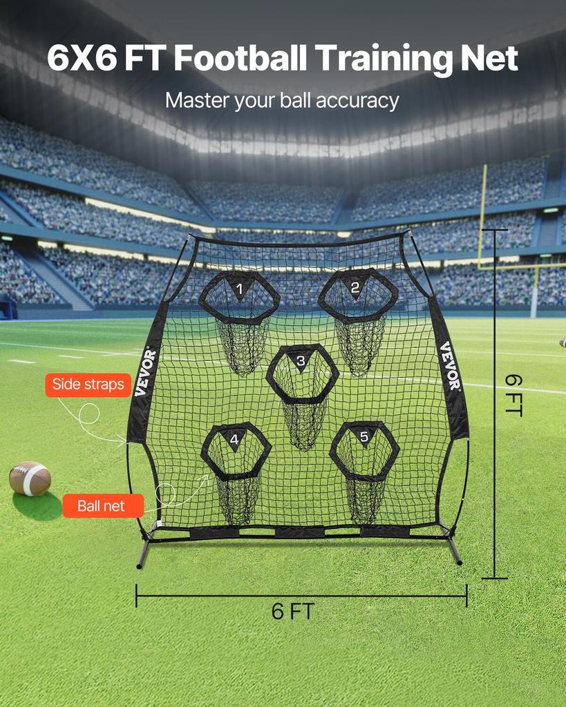 1828.8x1828.8mm Football Trainer Throwing Net, Training Throwing Target Practice Net with 5 Target Pockets, Knotless Net Includes Straps and Portable