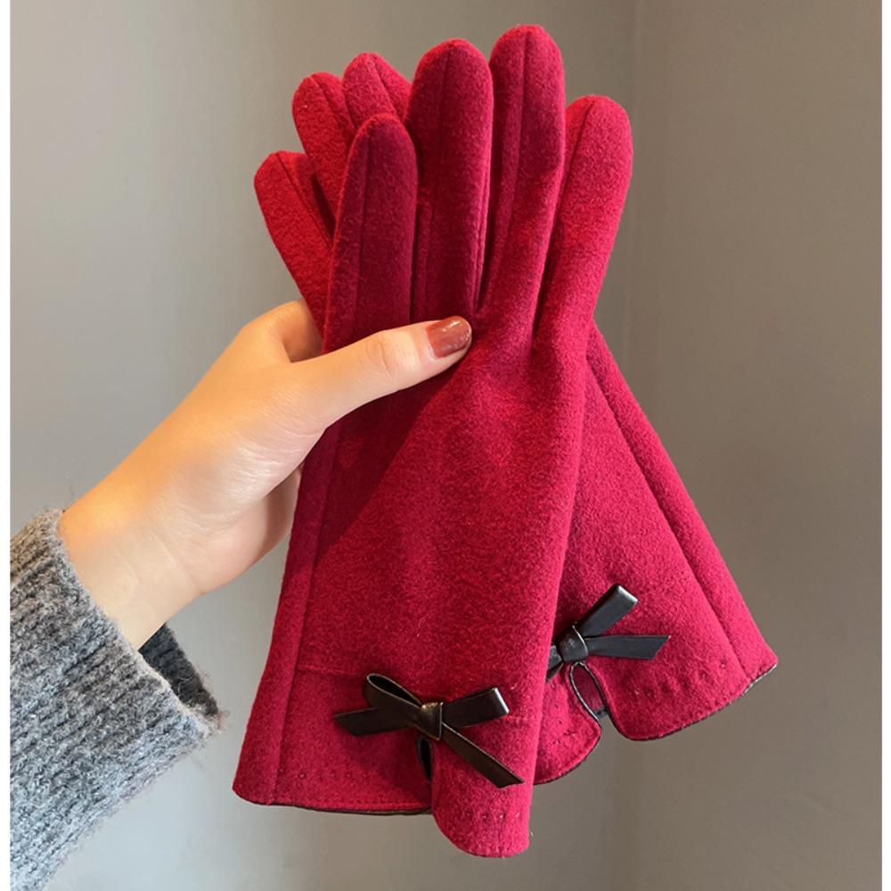 

Bow Decoration Full Finger Mittens Fleece Winter Gloves Warm Women Gloves Women вина червоного кольору