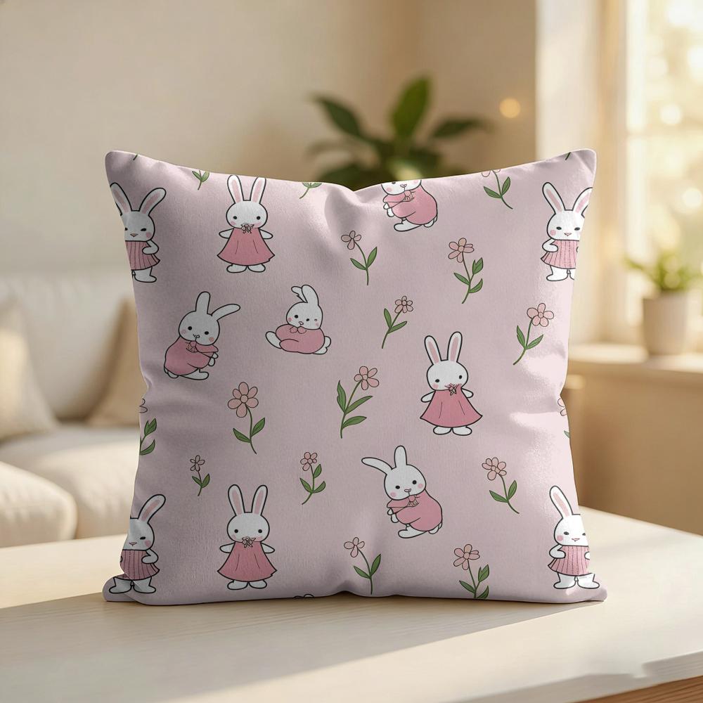 Pink Bunny Pattern Cushion Cover Silky Short Plush Invisible Zipper Dustproof Sofa Pillow Case For Home Decor