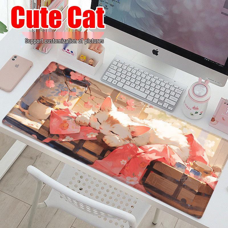 Extra Large Cute Cat Cartoon Mouse Pad with Stitched Edges - Aesthetic Desk Mat for Girls