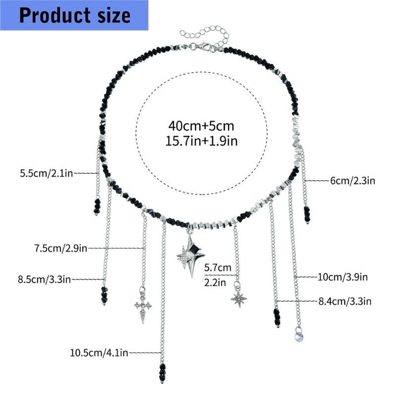 Fashionable Y2K Inspired Necklace Feature Black Beads Star Crucifix And Fringe Detail Clavicle Design For Trendy Women
