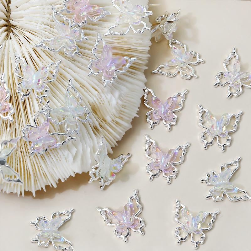 Double Butterfly Nail Art Charms 3D Alloy Aurora Ice Butterfly Nail Decorations Rhinestones Diy Jewelry Accessories